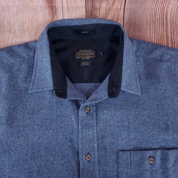 Pendleton Mens Size Large Trail Shirt Blue Virgin Wool Button Up Elbow Patch - Picture 4 of 14